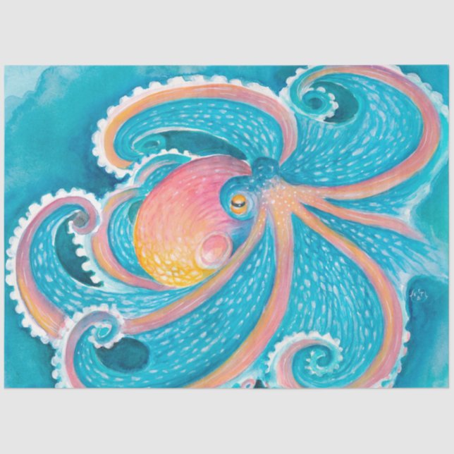 Papel De Seda Arco-Íris Octopus tentáculos Kraken Teal Watercolo (Frente )