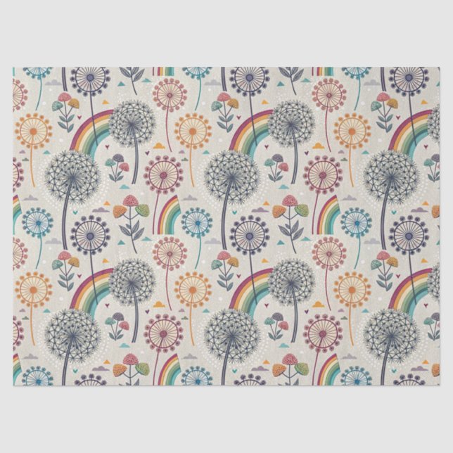 Papel De Seda Arco-Íris Whimsical e Dandelions Botânicos (Frente )