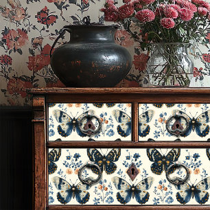 Papel De Seda Arranjo Floral De Azul Vintage E Borboleta De Crem