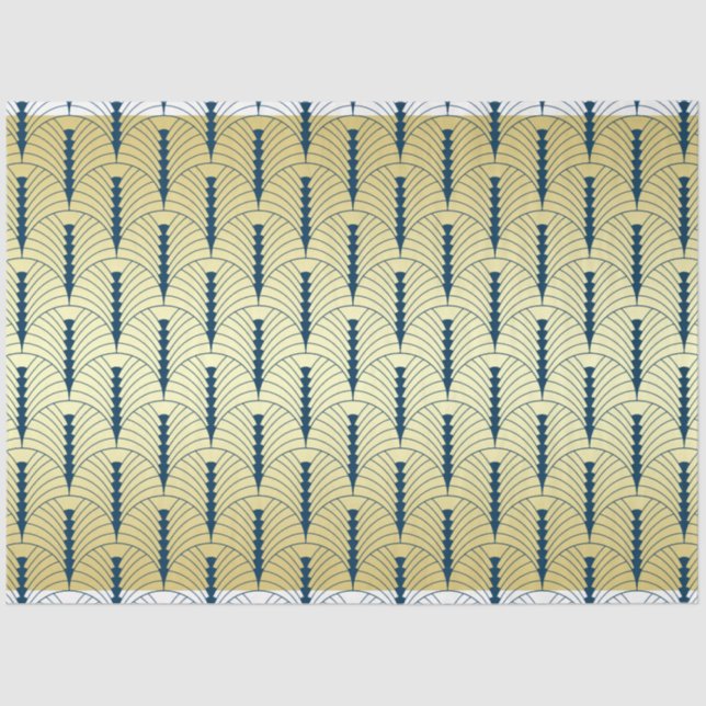 Papel De Seda Art Deco Casamento Dourado Padrão Azul Palmetto (Frente )
