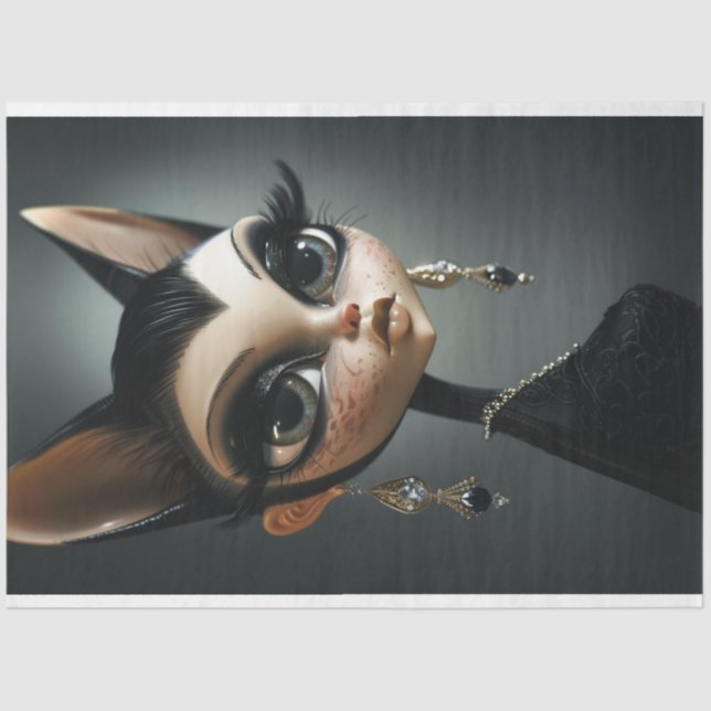 Papel De Seda Art Deco Cat Black Long Lashes Decoupage (Frente )