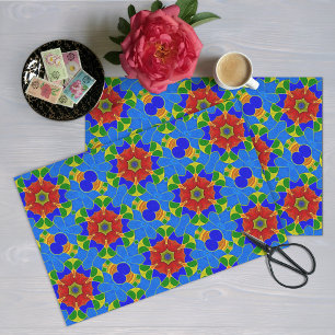 Papel De Seda Art Deco Enamel Red Flower on Blue Cloisoney Style