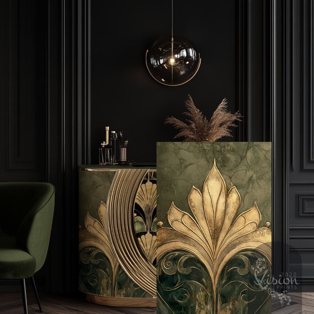 Papel De Seda Art Deco Gilded Dourado Motif Padrão Olive Green (Art Deco Gold Embossed Motif 1920's Art Nouveau, Green Decoupage Tissue)