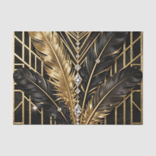Papel De Seda Art Deco Preto Dourado Penas