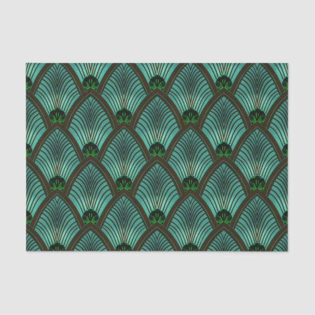 Papel De Seda Art Deco Sunburst Fan em Verde Metálico (Frente )