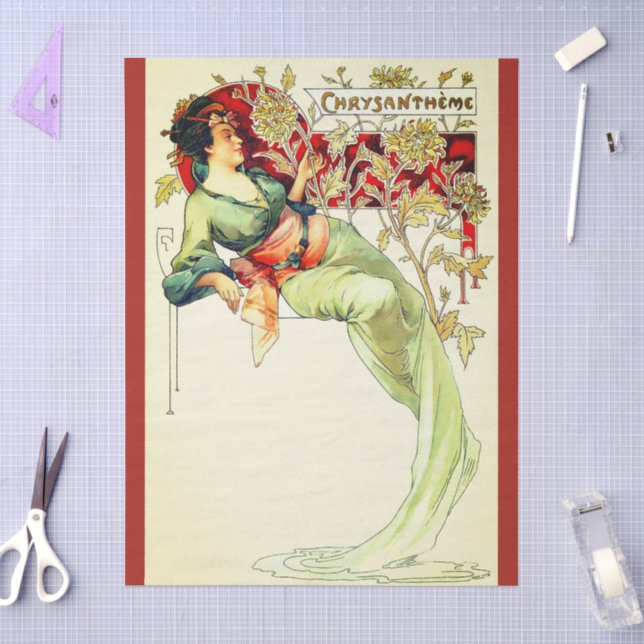 Papel De Seda Art nouveau Alphonse Mucha Crisântemo outono  (Arte )