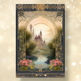 Papel De Seda Art Nouveau Marinho do Castelo Floral Dourado Ephe