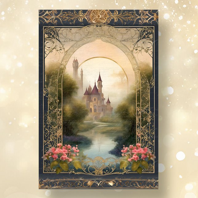 Papel De Seda Art Nouveau Marinho do Castelo Floral Dourado Ephe (Criador carregado)