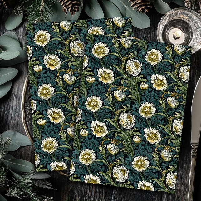 Papel De Seda Art nouveau Morris flores brancas amarelas pastel  (Art nouveau Morris yellow white flowers pastel blu Tissue Paper)