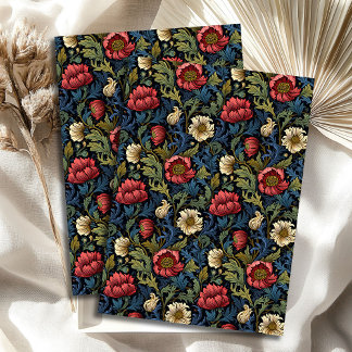 Papel De Seda Art nouveau Morris flores brancas vermelhas azul p