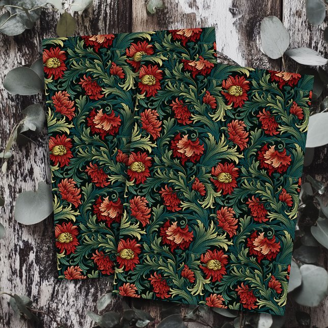 Papel De Seda Art nouveau Morris flores vermelhas profundas past (Art nouveau Morris deep red flowers pastel green Tissue Paper)