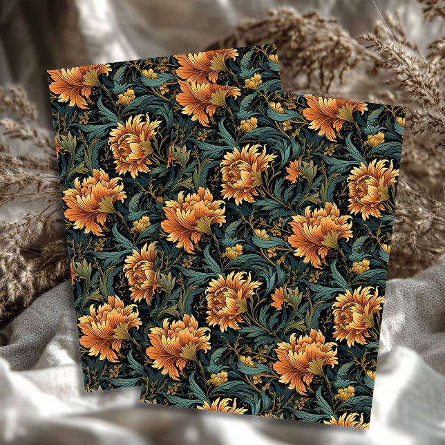 Papel De Seda Art nouveau Morris pastel - flores laranja verdes (Art nouveau Morris pastel green orange flowers Tissue Paper)