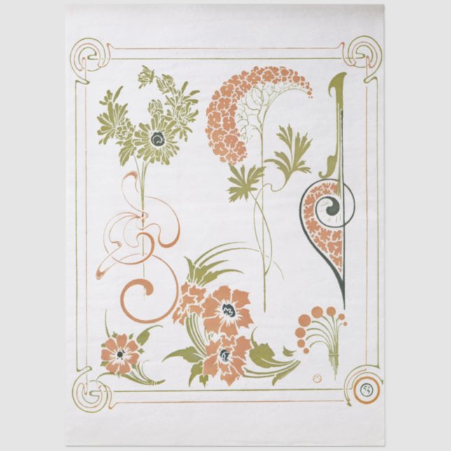 Papel De Seda Art nouveau Mucha floral abstract art peach green (Frente )