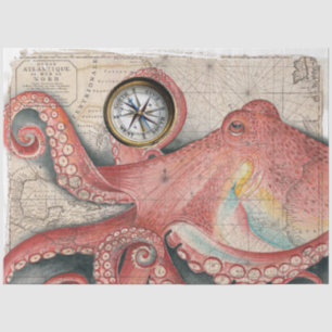 Papel De Seda Arte de Compass do Mapa Vintage do Octopus do Pací