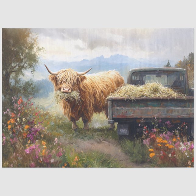 Papel De Seda Arte de Decoupage de Vaca das Terras Altas Comendo (Frente )