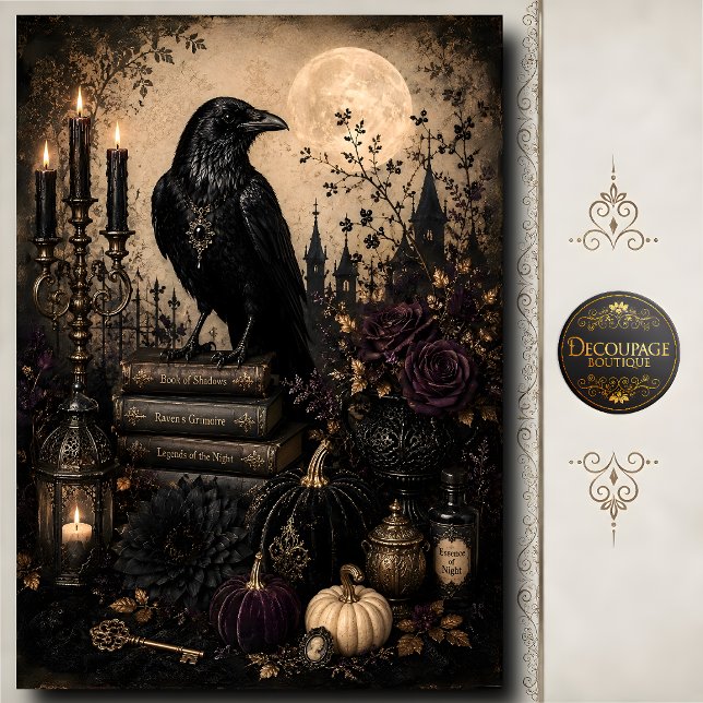 Papel De Seda Arte de Grimoire de Bruxa de Halloween Gótico Lua  (Raven Moon Gothic Halloween Witch Grimoire Art Tissue Paper)