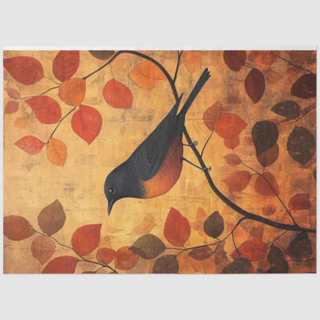 Papel De Seda Arte de Pássaro Preto Folhas de Outono Decoupage (Frente )
