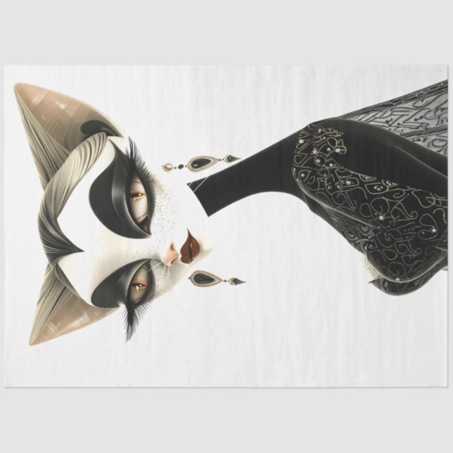 Papel De Seda Arte Deco - Separação Preta do Felino Branco (Frente )