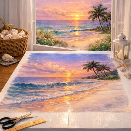Papel De Seda Arte em Aquarela de Praia Tropical ao Nascer do So