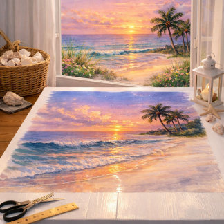 Papel De Seda Arte em Aquarela de Praia Tropical ao Nascer do So