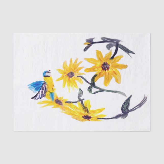 Papel De Seda Arte Floral De Pássaros, Flores Azuis (Frente )