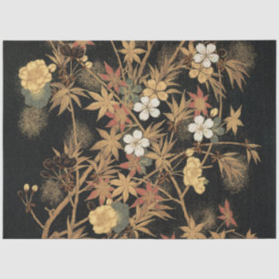 Papel De Seda Arte Floral Outonal em Preto e Dourado Japonês Vin