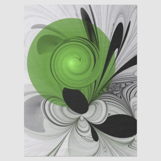 Papel De Seda Arte Fractal Preto e Branco Abstrato com Verde (Frente )