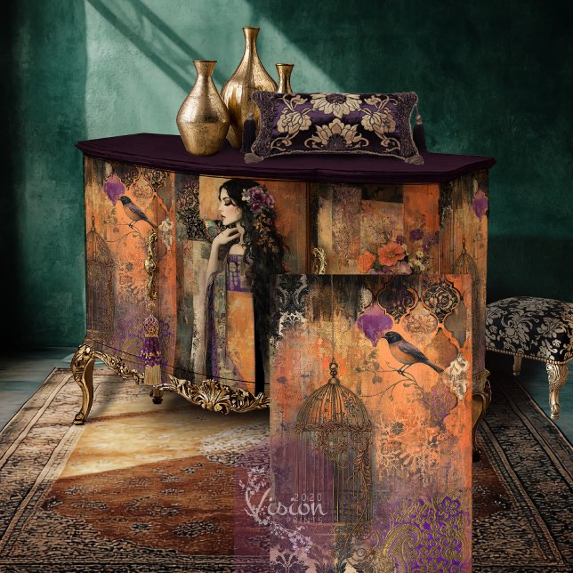 Papel De Seda Arte Mal-humorada Boho Pássaro e Gaiola Remendada (Mix and Match Moody Boho Patchwork Art, Bird and Cage, Moroccan Elements, Decoupage Tissue Paper. )