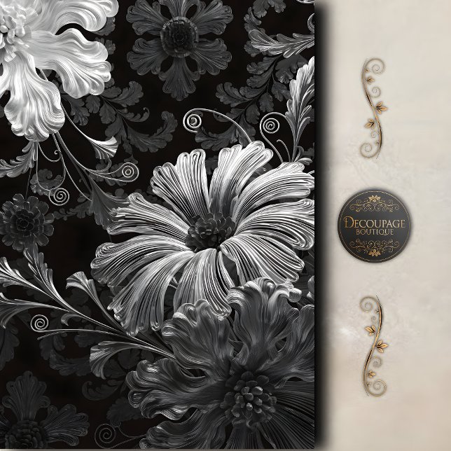 Papel De Seda Arte Nova Decoupage Preto Prata (Black Silver Art Nouveau Decoupage Tissue Paper)