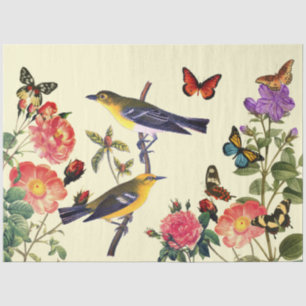 Papel De Seda Arte Vintage Amarelo. Pássaros Flores Amarelo Páli