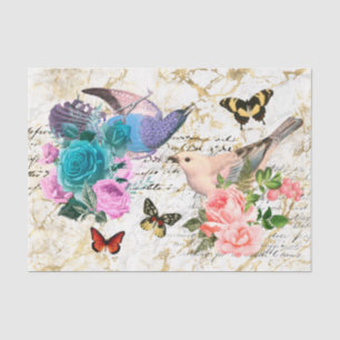 Papel De Seda Arte Vintage de Pássaros, Flores e Borboletas, Dec