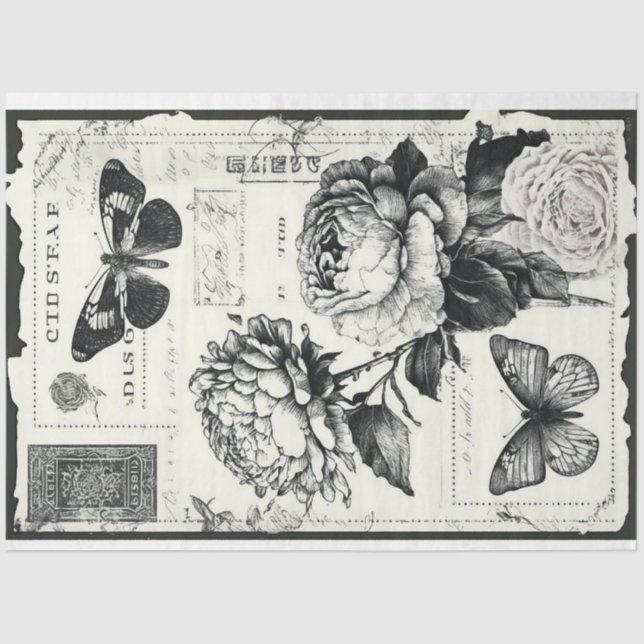 Papel De Seda Artista Black White Large Peony Decoupage (Frente )