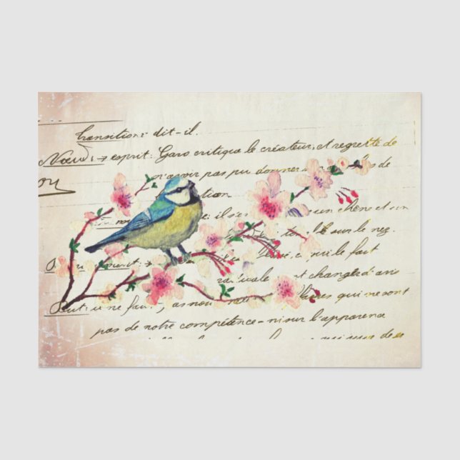 Papel De Seda Árvore de Flor de Cerejeira Pássaro Azul Vintage D (Frente )