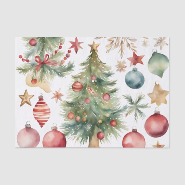 Papel De Seda Árvore de Natal de Aquarela com ornamentos (Frente )