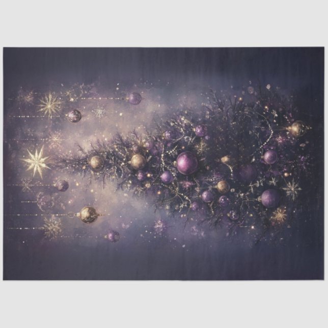 Papel De Seda Árvore de Natal Dourada Roxo Vibrante de Decoupage (Frente )