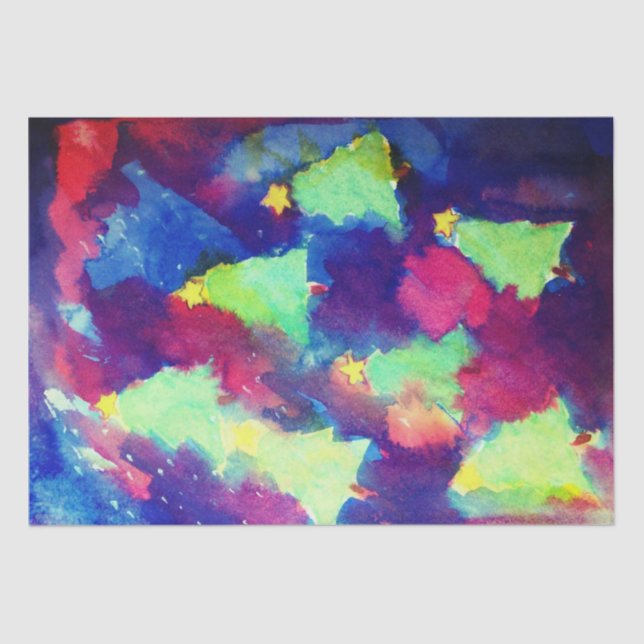 Papel De Seda ÁRVORE DE NATAL E ESTRELAS, Aquarela (Frente )