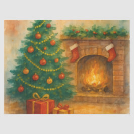 Papel De Seda Árvore de Natal em Aquarela & Lareira Aconchegante