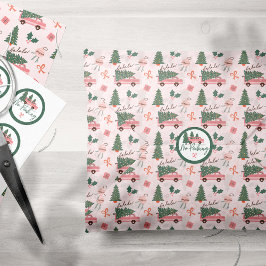 Papel De Seda Árvore de Natal Festiva Rosa Vintage Retro Van