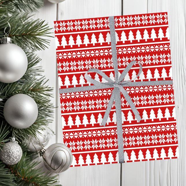 Papel De Seda Árvore Nórdica Vermelha e Branca de Natal Padrão S (Nordic Red & White Christmas Tree Striped Pattern Tissue Paper)