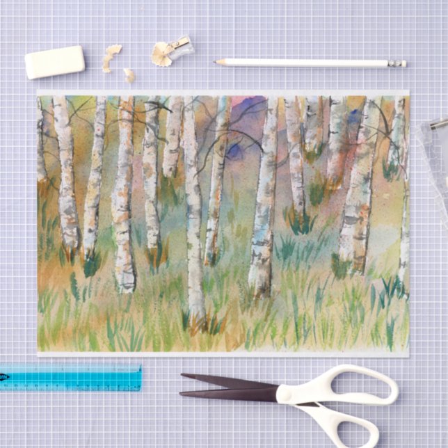 Papel De Seda Árvores de Aspen Outono Aquarela (Arte )