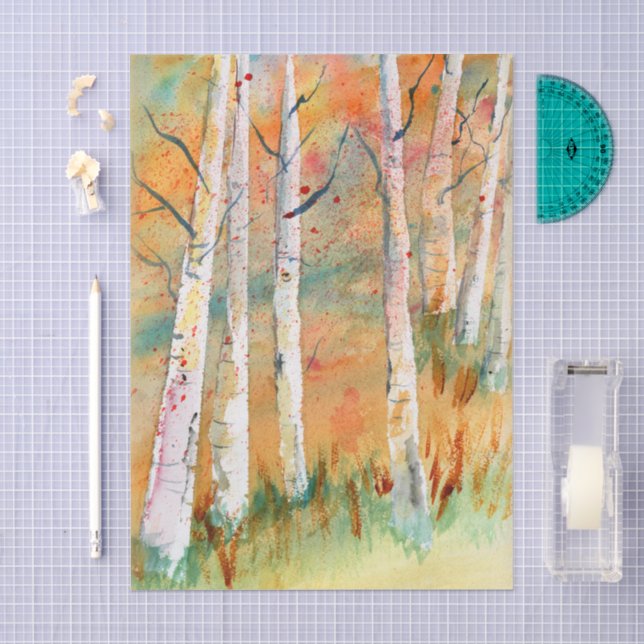 Papel De Seda Árvores de Aspen Outono Aquarela (Arte )