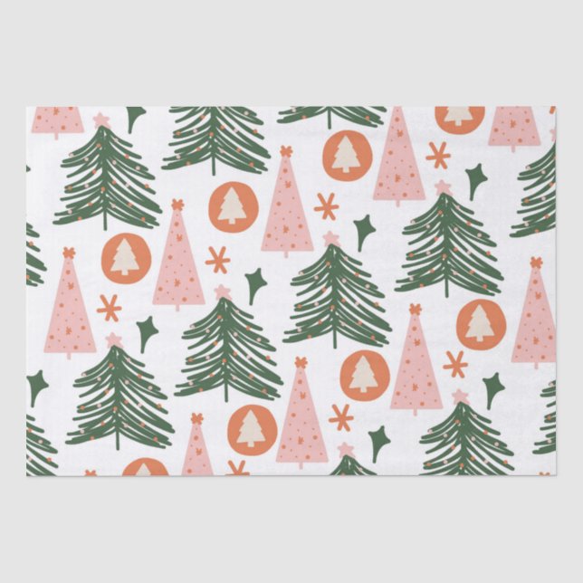 Papel De Seda Árvores de Natal Boho Verde Rosa Laranja (Frente )