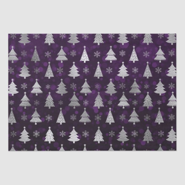 Papel De Seda Árvores de Natal com Bokeh Roxo e Folha de Prata (Frente )