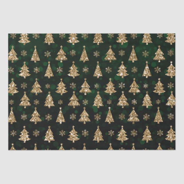 Papel De Seda Árvores de Natal com Bokeh Verde e Brilho Dourado (Frente )