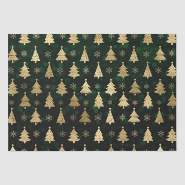 Papel De Seda Árvores de Natal com Bokeh Verde e Folha Dourada (Frente )