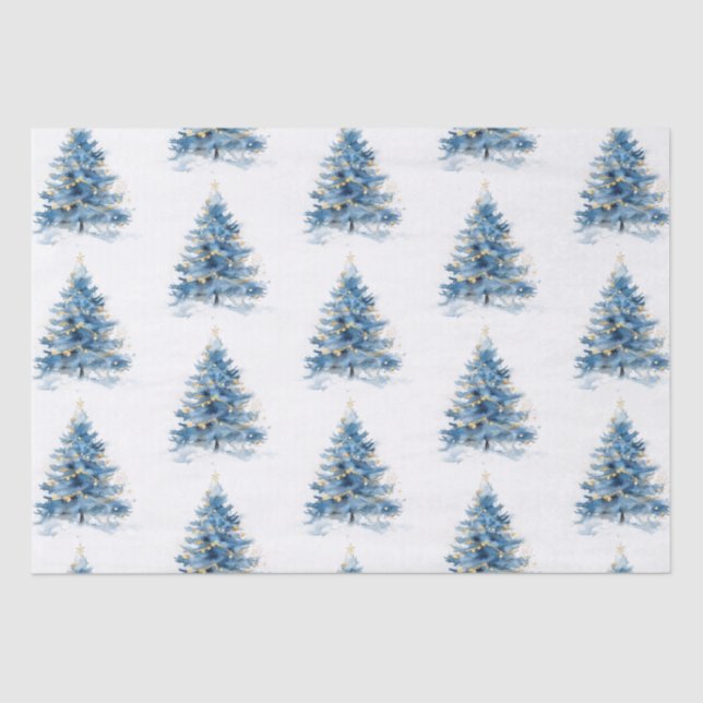 Papel De Seda Árvores de Natal Douradas e Azuis (Frente )