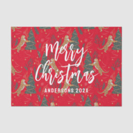 Papel De Seda Árvores de Natal e tigres padrão de fundo vermelho