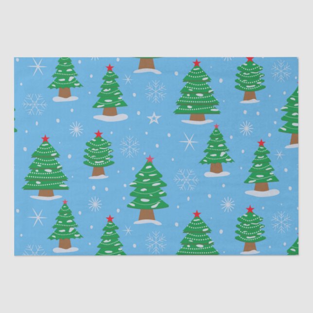 Papel De Seda Árvores de Natal festivas com neve caindo sobre az (Frente )