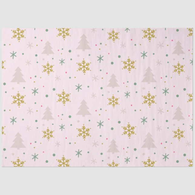 Papel De Seda Árvores de Natal Flocos de Neve Rosa Dourado Natal (Frente )
