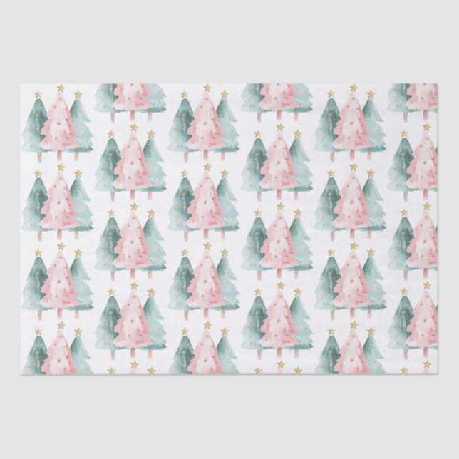 Papel De Seda Árvores de Natal Verdes Rosa, Douradas Estrelas (Frente )